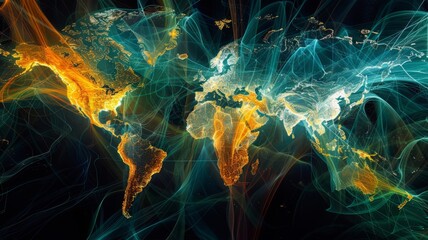 Wall Mural - World map with energy lines and glowing flares - An energetic depiction of global connectivity and data transfer across a world map