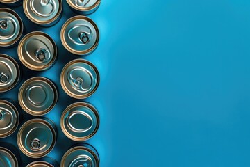 Poster - Group of soda cans on a blue background. Perfect for food and beverage industry promotions