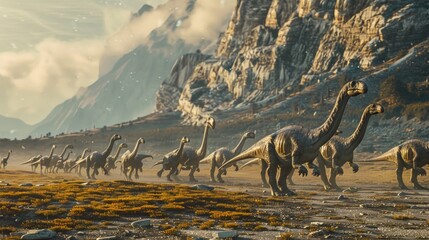 Aufkleber - A herd of dinosaurs moving across a grassy landscape. Suitable for educational materials or children's books