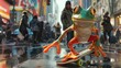 A  cartoon frog skateboarding down a busy city street, with a mischievous grin on its face as it passes surprised onlookers.