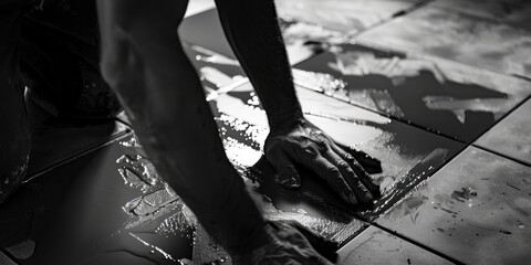 Poster - Close-up of hands on black and white tiled floor, suitable for backgrounds or textures