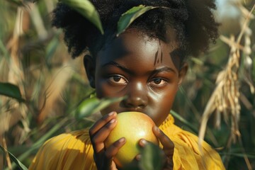 Canvas Print - Young girl holding an apple, versatile image for various projects