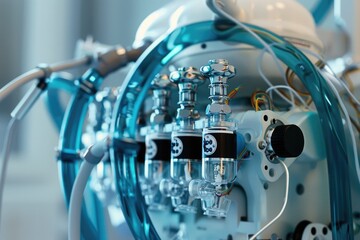 Poster - Detailed view of a machine with attached wires. Ideal for tech concepts