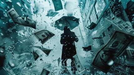 Poster - A person standing under an umbrella in the rain, suitable for weather-related concepts