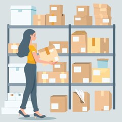 Wall Mural - A woman holding a box in a warehouse, perfect for logistics and storage concepts