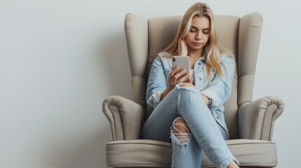 Poster - A woman sitting in a chair using a cell phone. Suitable for technology and communication concepts