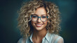© MD Media - Young bright happy smiling blonde woman with curly hair and blue glasses smiling. portrait, a wonderful blonde young woman with glasses. optics, vision correction and eye imperfections. Optician.