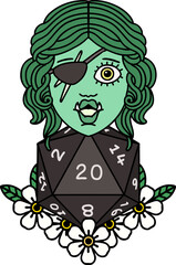 Sticker - Retro Tattoo Style half orc rogue with natural twenty dice roll