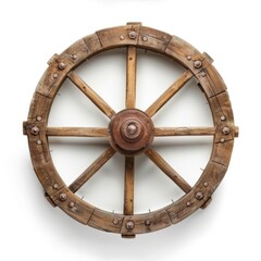 Poster - A rustic, weathered wooden wheel with a rusted spoke. Ideal for historical or vintage themes