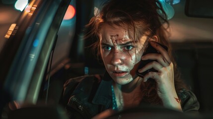 Poster - A woman talking on a cell phone while sitting in a car. Suitable for technology and transportation concepts