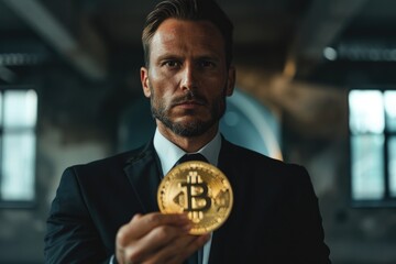 Aufkleber - A man in a suit holding a Bitcoin, suitable for finance and cryptocurrency concepts