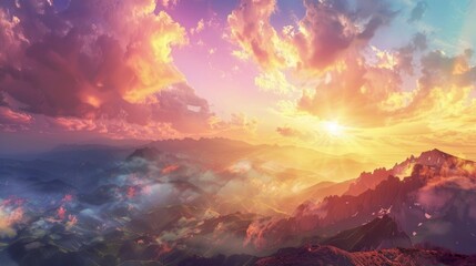 Poster - Beautiful sunset over a mountain range, perfect for nature lovers and travel enthusiasts