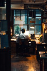 Aufkleber - A man sitting at a desk in front of a computer. Suitable for business and technology concepts