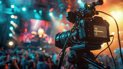 Poster - A video camera set up on a tripod capturing a crowd, perfect for event coverage