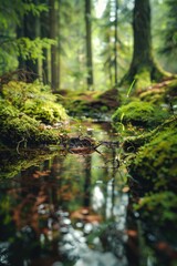 Poster - A peaceful stream flowing through a vibrant green forest. Suitable for nature and outdoor themes