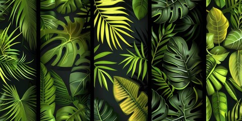 Poster - Vibrant green and yellow leaves contrasted against a dark black background. Perfect for nature or autumn-themed designs
