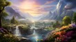 Beautiful fantasy landscape with a mountain river and a waterfall in the foreground