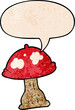cartoon mushroom with speech bubble in retro texture style