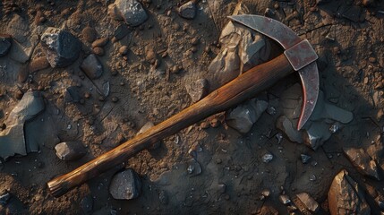 Poster - A hammer laying on the ground next to rocks. Suitable for construction or DIY projects