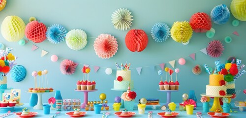 A cheerful birthday party table adorned with colorful decorations and party favors. 