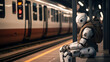 Robot with artificial intelligence sitting in train station. A cyborg robot sitting in the subway platform, Train station, Future of urban. Transportation concept