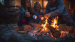 Family engaged in toasting marshmallows over a glowing fire pit during twilight