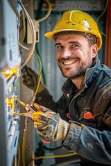 Poster - A man in a hard hat working on an electrical panel. Suitable for industrial and construction themes
