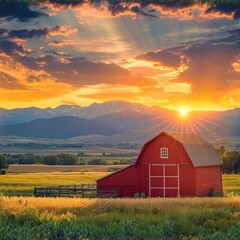 Poster - A picturesque red barn in a field with majestic mountains in the background. Ideal for rural landscapes and farm-related designs