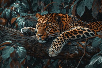 Sticker - A leopard relaxing on a tree branch, perfect for wildlife concepts