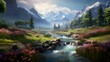 Panoramic view of the beautiful spring landscape with a mountain river