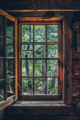 Poster - A window showcasing a view of a forest. Suitable for nature and outdoor themes