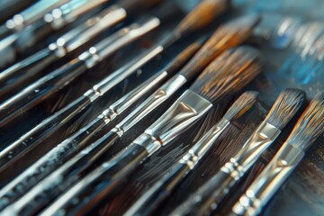 Aufkleber - Various paint brushes neatly arranged on a table. Suitable for art and craft projects