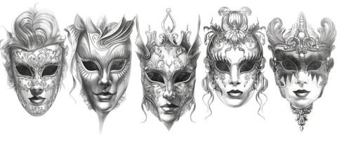 Aufkleber - Detailed line drawing of multiple masks, ideal for art projects