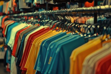 Aufkleber - A rack of colorful shirts displayed in a store. Great for fashion or retail concepts