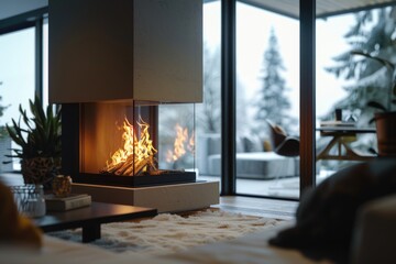 Poster - A warm and inviting living room with a fireplace. Perfect for home decor or real estate concepts
