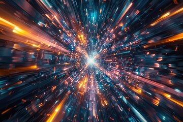 Poster - A mesmerizing view of a tunnel illuminated by colorful lights. Ideal for backgrounds or abstract concepts