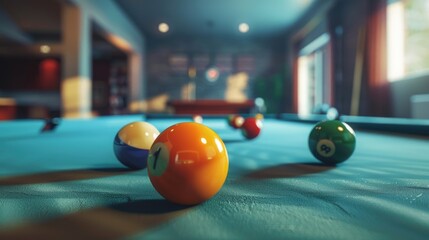 Poster - A pool table with several colorful pool balls. Great for sports and leisure concepts