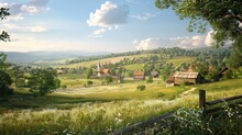 A Picturesque Painting Of A Rural Landscape With A Wooden Fence. Suitable For Various Design Projects