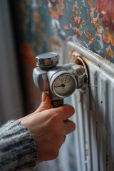Poster - A person holding a thermostat in front of a radiator. Suitable for energy efficiency concept