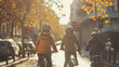 A family enjoys a bike ride together in the warm, golden light of an autumn day in the city, showcasing togetherness
