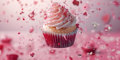 Poster - A delicious cupcake with white frosting and pink sprinkles. Perfect for bakery advertisements