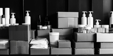 Poster - A simple black and white image of various bottles. Suitable for product presentations