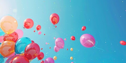 Canvas Print - Colorful balloons floating, clear blue sky, wide angle for birthday banner 