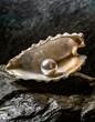 An open oyster shell on a dark, wet rock, revealing a perfect pearl inside, the contrast highlighting the pearl’s purity against the rough shell