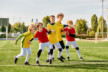 Wall Mural - A lively group of children is playing a friendly game of soccer. Excited shouts fill the air as they chase after the ball, passing and shooting with enthusiasm. 