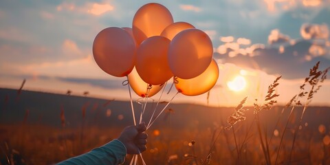 Wall Mural - Hand holding balloon bunch, against sunset, silhouette birthday banner 