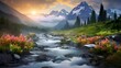 Beautiful mountain landscape with a river and high mountains in the background