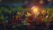 A light bulb is lit up in a field of plants. Concept of growth and life