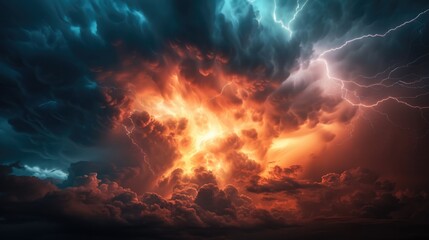 Fototapete - A dramatic image of a cloud filled with orange and blue lightning. Perfect for illustrating a powerful storm