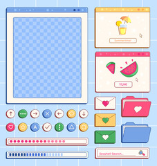 Poster - Set of Y2K summer theme retro computer windows, buttons, messages and other holiday and vacation interface elements with cheering phrases. Vector illustration.